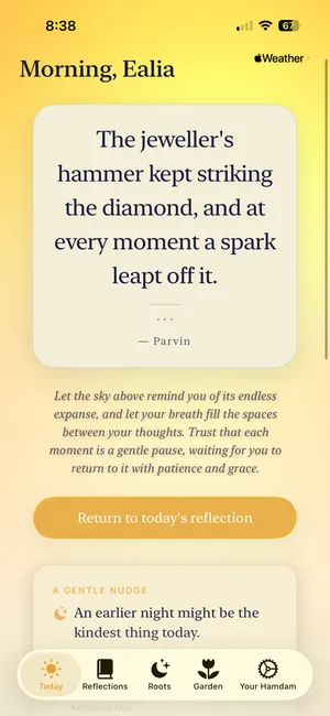 The Today screen: a morning greeting, the day’s verse from Parvin Etesami, and a gentle nudge for the day ahead.