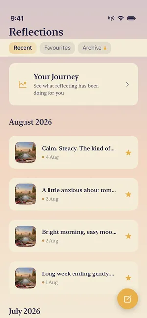 The Reflections screen, with the private journal and favourites.
