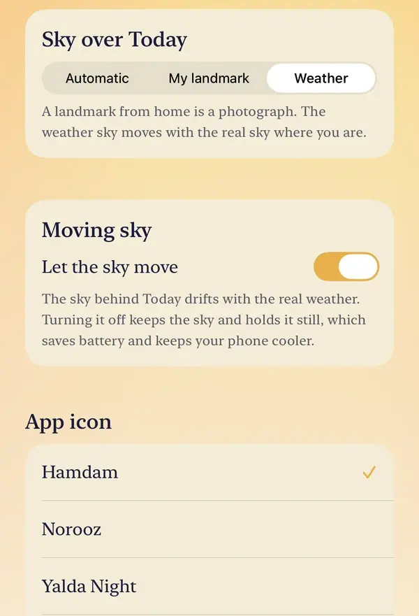 The top of the Content screen: Sky over Today with Automatic, My landmark and Weather, the Let the sky move switch, and the App icon list with Hamdam, Norooz and Yalda Night.