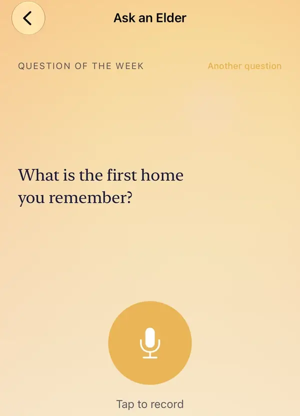 Ask an Elder: this week's question, What is the first home you remember?, with the large Tap to record button beneath it.