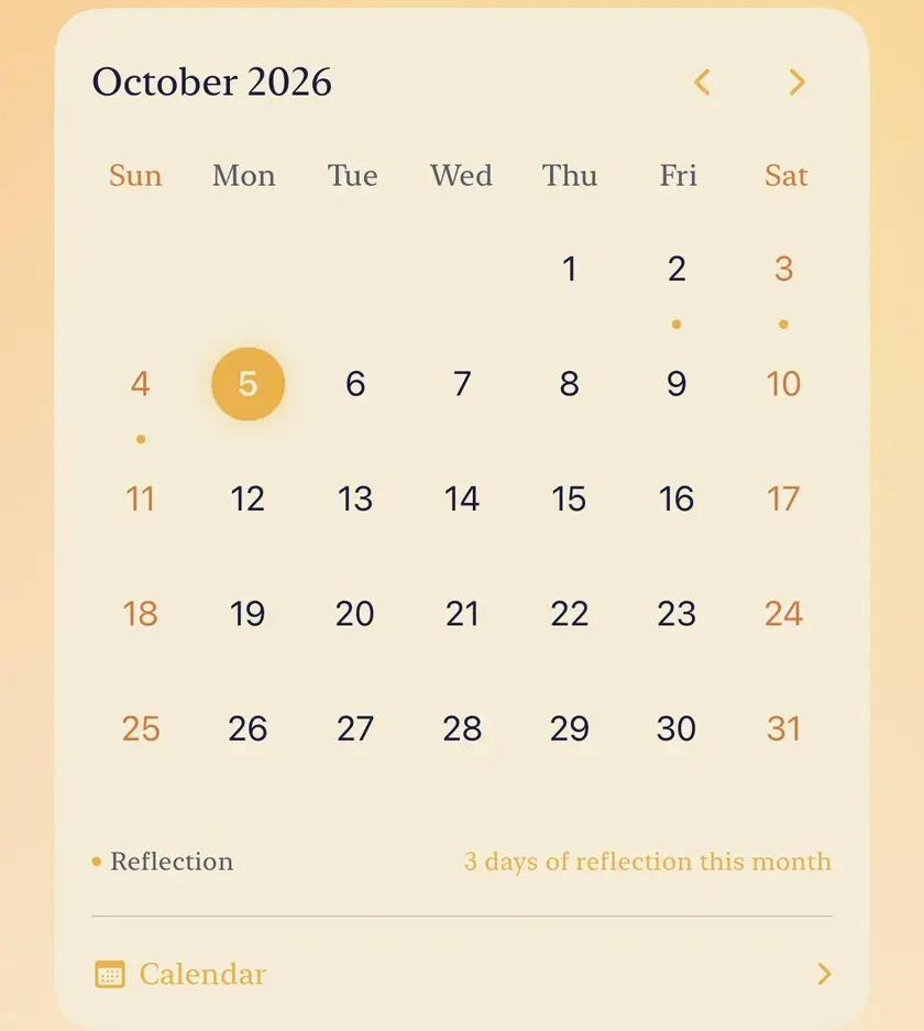 The calendar box at the top of Roots in English: October 2026 as a Gregorian month, today circled, small dots on the days with a reflection, and Calendar at the foot.