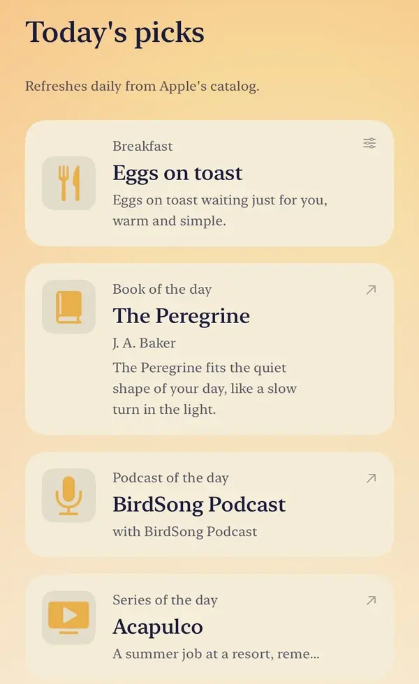 Today's picks in the Garden: a breakfast to make, a book of the day, a podcast of the day and a series of the day, each opening in its own app.