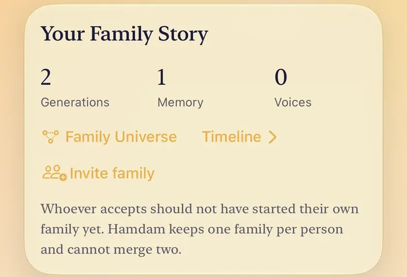 The Your Family Story card with Invite family under Family Universe and Timeline, and the note that whoever accepts should not have started their own family yet.