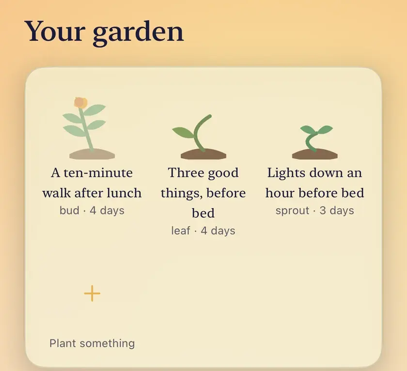 Your garden, the habit bed: three plants at different stages, a walk after lunch, three good things before bed and lights down before bed, with Plant something beneath.