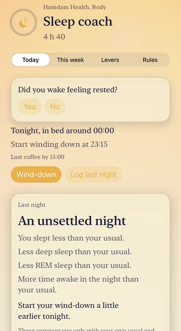 The Sleep coach under Hamdam Health: Did you wake feeling rested?, tonight's bedtime and wind-down, and Last night, An unsettled night, described in plain words with one suggestion.