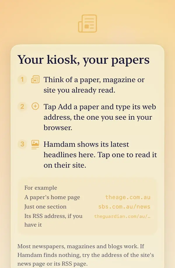 An empty Kiosk: Your kiosk, your papers, three numbered steps, and examples of addresses that work, from a paper's home page to its RSS address.