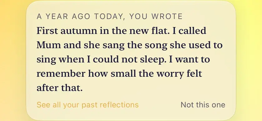 A memory card on Today: A year ago today, you wrote, followed by the reflection itself, with See all your past reflections and Not this one beneath.