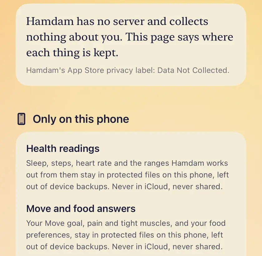 The top of Privacy and your data: Hamdam has no server and collects nothing about you, the App Store label Data Not Collected, and Only on this phone, listing what stays on the device, such as Health readings.