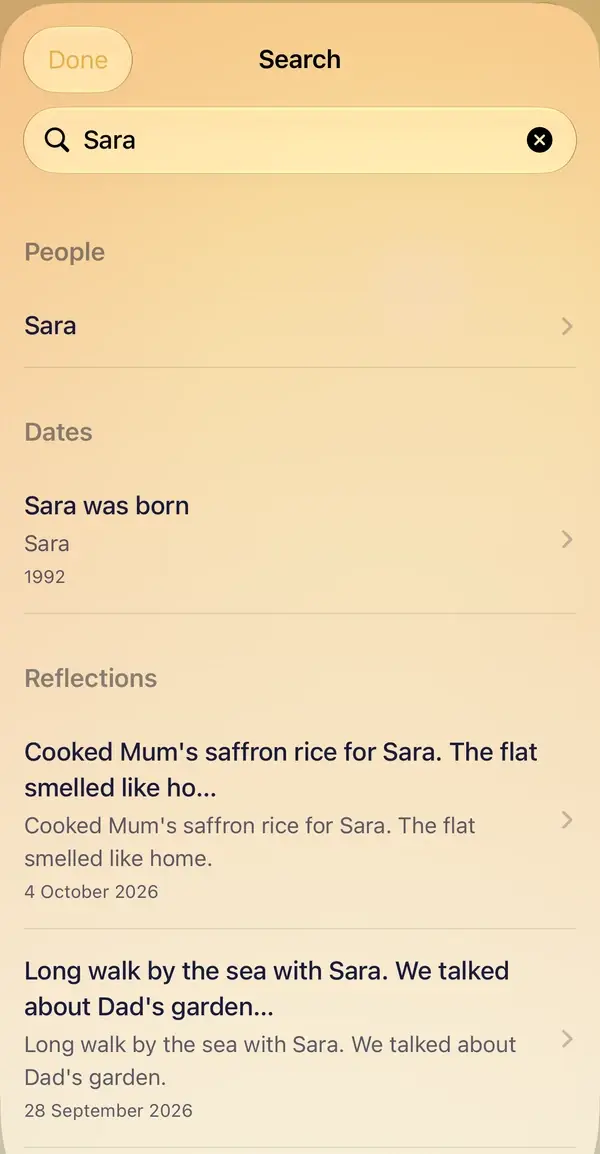Search for Sara: her entry under People, Sara was born under Dates, and the two reflections that mention her.