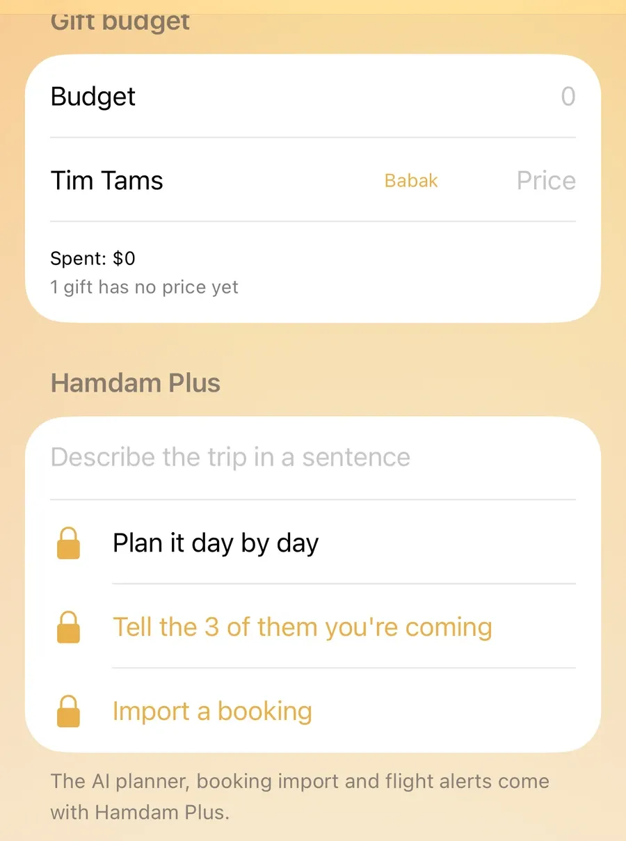 The gift budget with a gift for one person, and the Hamdam Plus section: plan it day by day, tell the family you are coming, and import a booking.