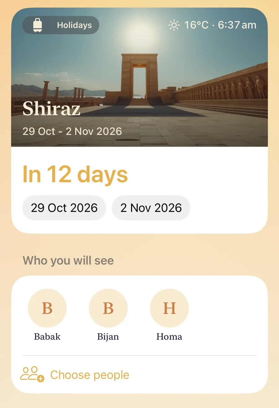 A trip page in Hamdam: a trip to Shiraz counting down "In 12 days", its dates, and "Who you will see" with three family members.