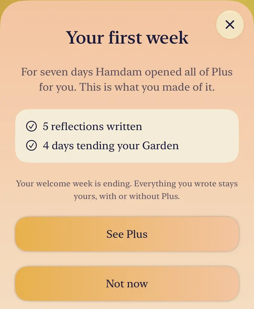 Your first week: 5 reflections written and 4 days tending your Garden, with See Plus and Not now as buttons of equal weight.