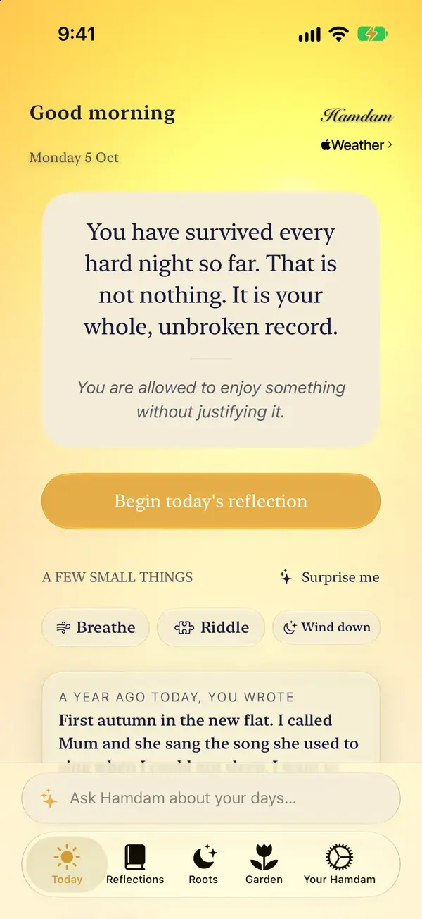 Hamdam's Today screen for a reader with no Persian connection: a greeting, the date, the reflection of the day and the Begin today's reflection button, with the Ask bar and the five tabs along the bottom.