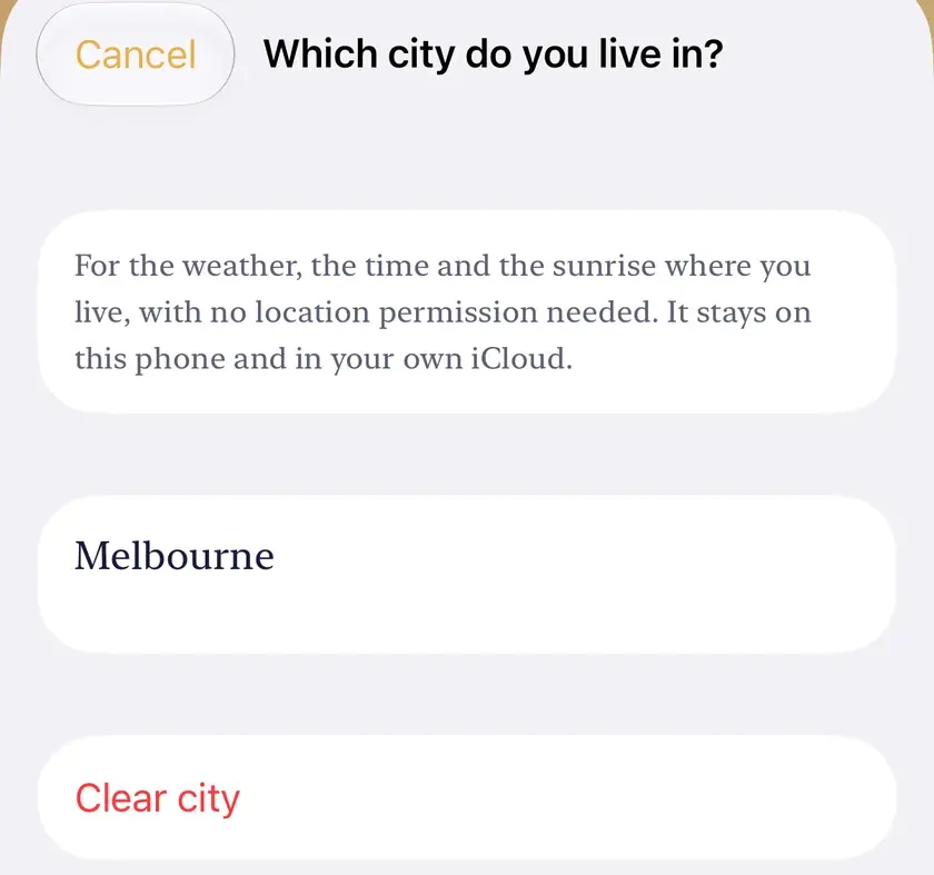 Which city do you live in?: a note that the city sets the weather, the time and the sunrise with no location permission, Melbourne found by search, and Clear city.